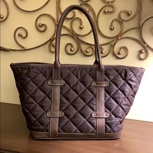 J.Crew Brown Quilted Nylon & Leather Snap Tote